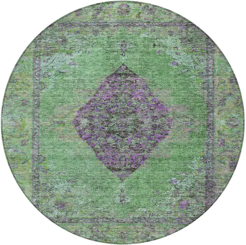 8' Lime Green And Purple Round Medallion Washable Indoor Outdoor Area Rug Photo 4