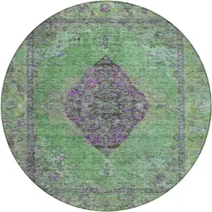 Photo of 8' Lime Green And Purple Round Medallion Washable Indoor Outdoor Area Rug
