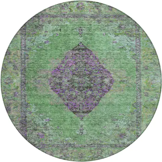 8' Lime Green And Purple Round Medallion Washable Indoor Outdoor Area Rug Photo 1