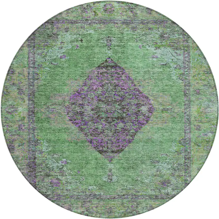 8' Lime Green And Purple Round Medallion Washable Indoor Outdoor Area Rug Photo 1