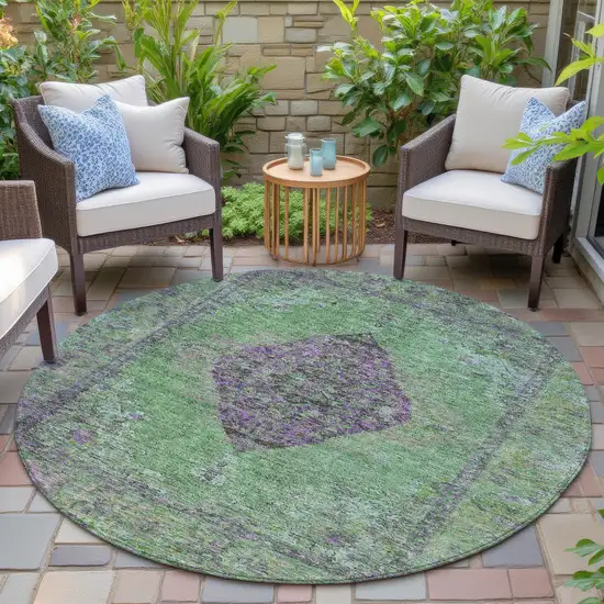8' Lime Green And Purple Round Medallion Washable Indoor Outdoor Area Rug Photo 6
