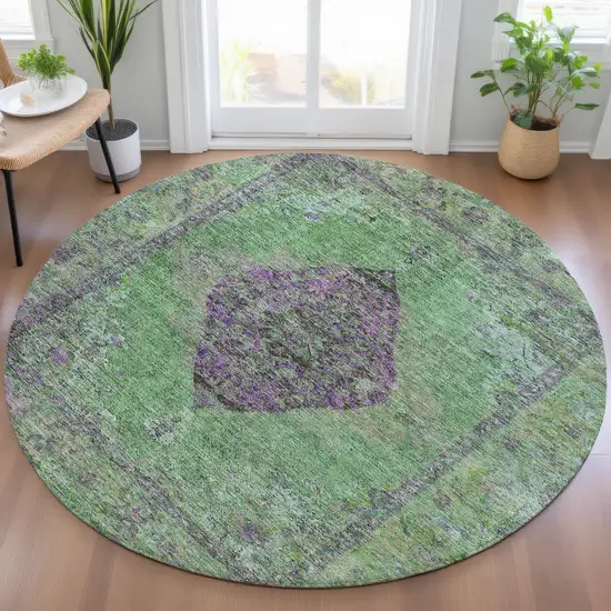 8' Lime Green And Purple Round Medallion Washable Indoor Outdoor Area Rug Photo 5