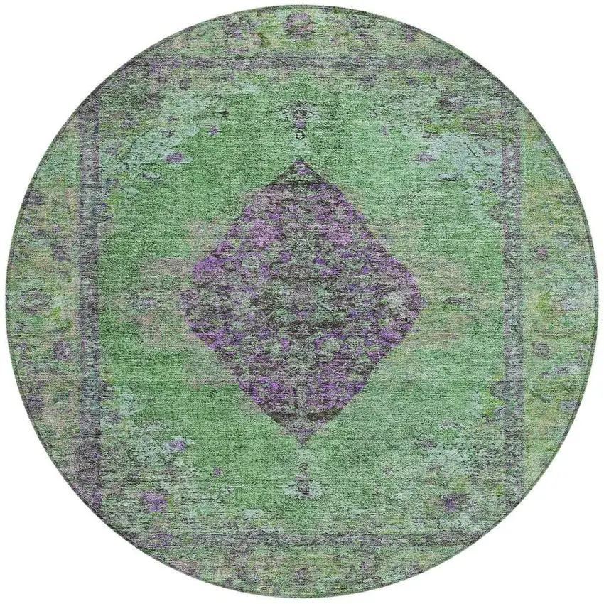 8' Lime Green And Purple Round Medallion Washable Indoor Outdoor Area Rug Photo 3