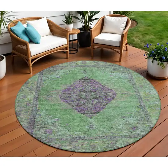 8' Lime Green And Purple Round Medallion Washable Indoor Outdoor Area Rug Photo 2