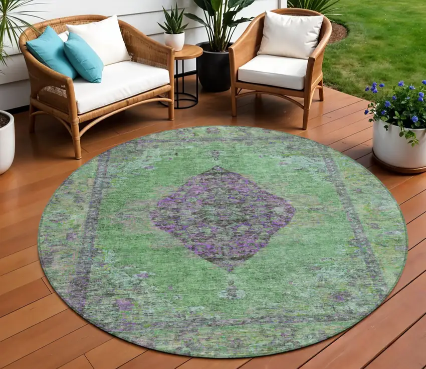 8' Lime Green And Purple Round Medallion Washable Indoor Outdoor Area Rug Photo 2