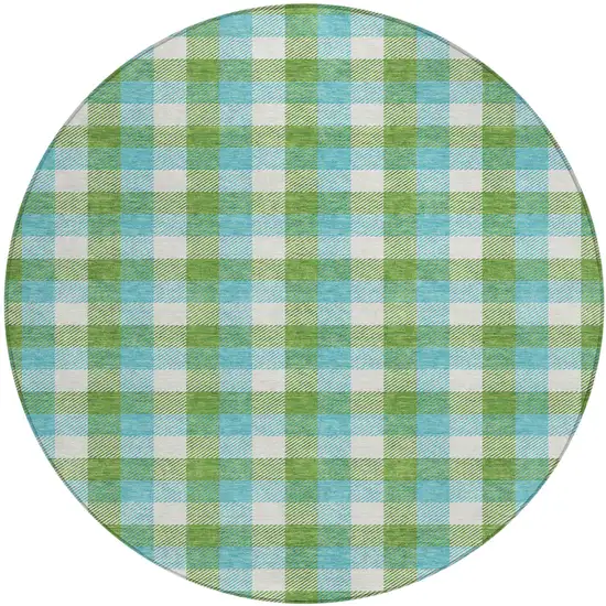 8' Lime Green Aqua And Beige Round Plaid Washable Indoor Outdoor Area Rug Photo 2