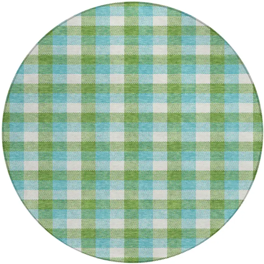 8' Lime Green Aqua And Beige Round Plaid Washable Indoor Outdoor Area Rug Photo 2