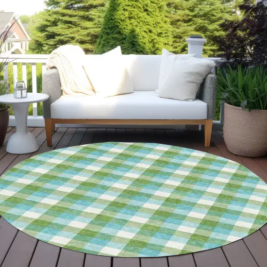 8' Lime Green Aqua And Beige Round Plaid Washable Indoor Outdoor Area Rug Photo 7