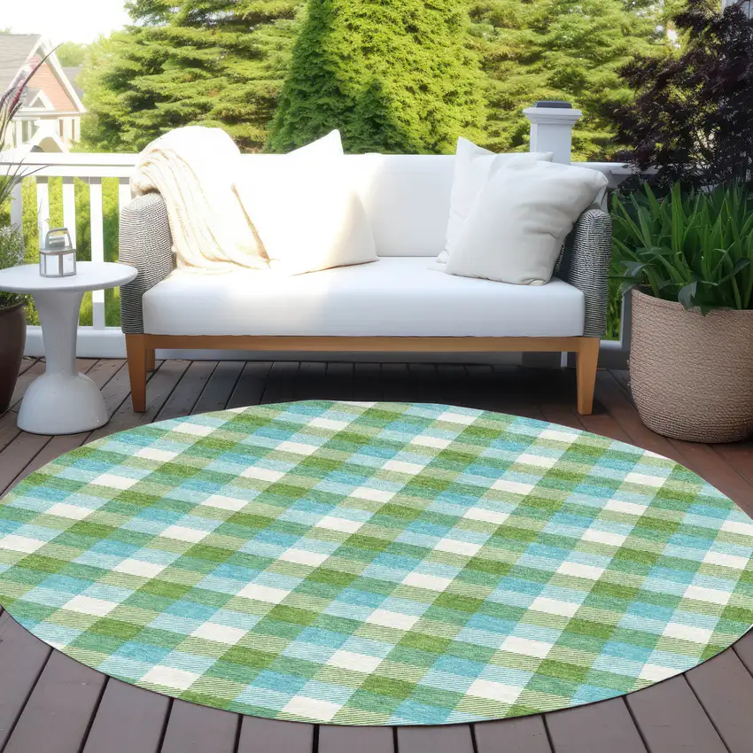 8' Lime Green Aqua And Beige Round Plaid Washable Indoor Outdoor Area Rug Photo 7
