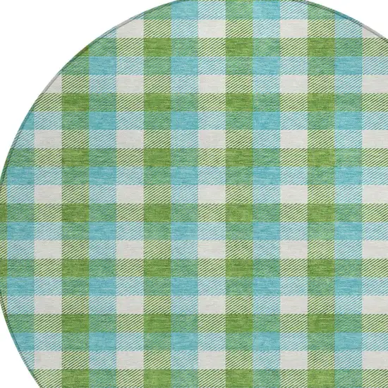 8' Lime Green Aqua And Beige Round Plaid Washable Indoor Outdoor Area Rug Photo 5