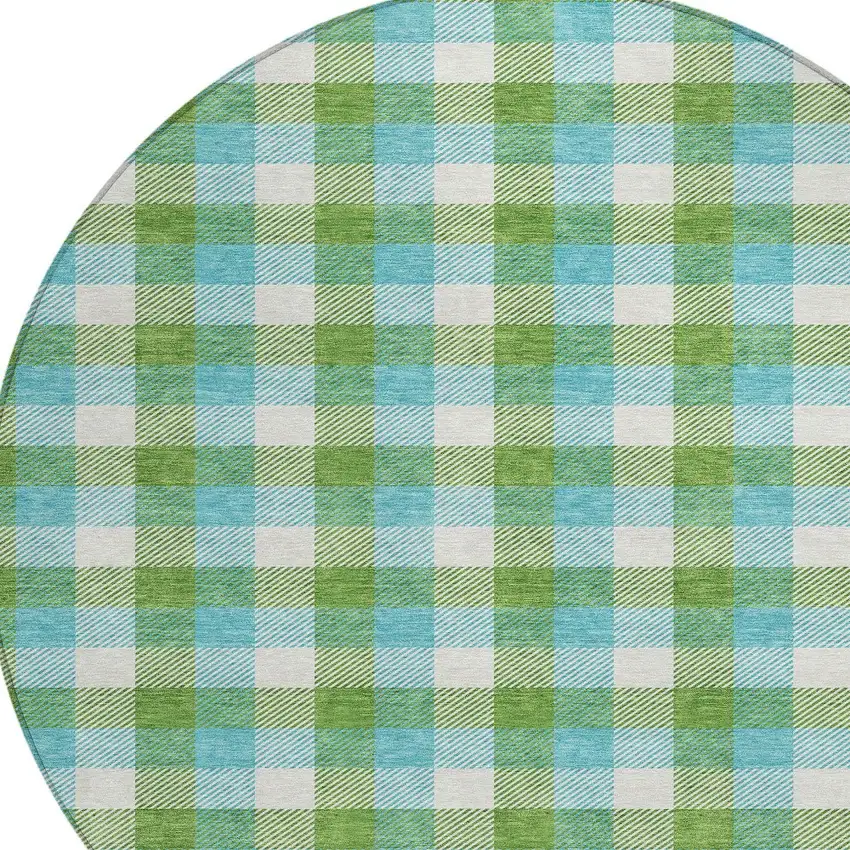 8' Lime Green Aqua And Beige Round Plaid Washable Indoor Outdoor Area Rug Photo 5