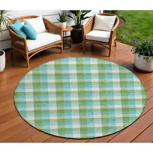 Photo of 8' Lime Green Aqua And Beige Round Plaid Washable Indoor Outdoor Area Rug