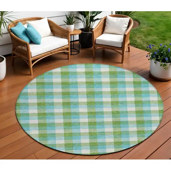 8' Lime Green Aqua And Beige Round Plaid Washable Indoor Outdoor Area Rug Photo 1