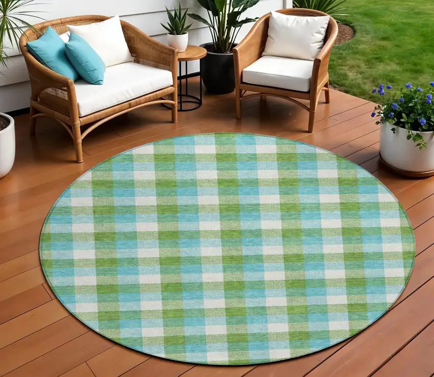 8' Lime Green Aqua And Beige Round Plaid Washable Indoor Outdoor Area Rug Photo 1