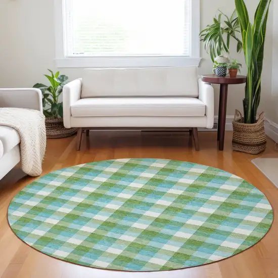 8' Lime Green Aqua And Beige Round Plaid Washable Indoor Outdoor Area Rug Photo 8