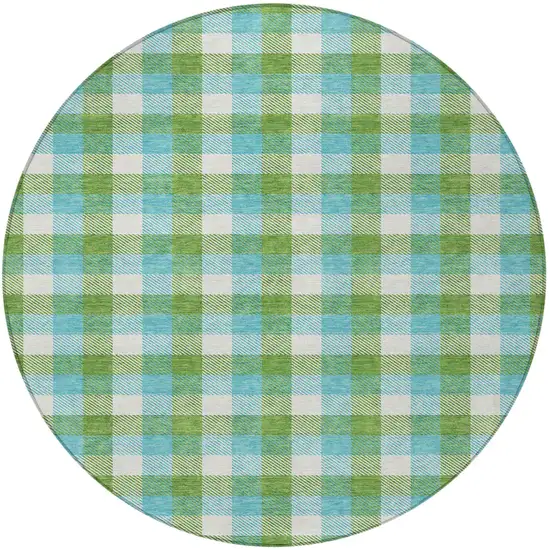 8' Lime Green Aqua And Beige Round Plaid Washable Indoor Outdoor Area Rug Photo 6