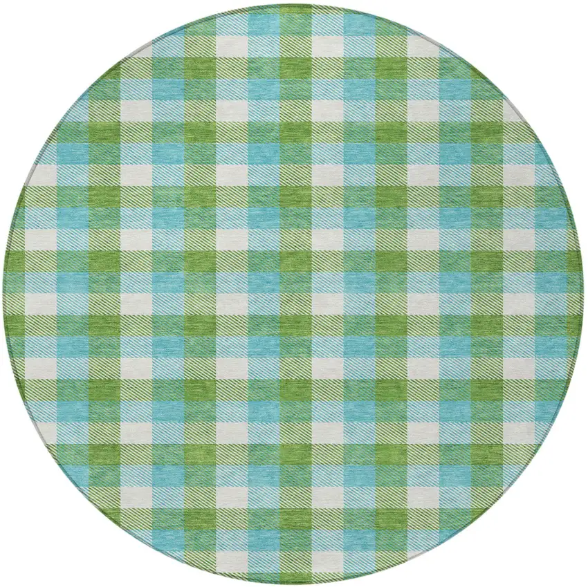 8' Lime Green Aqua And Beige Round Plaid Washable Indoor Outdoor Area Rug Photo 6
