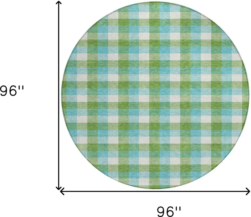 8' Lime Green Aqua And Beige Round Plaid Washable Indoor Outdoor Area Rug Photo 9
