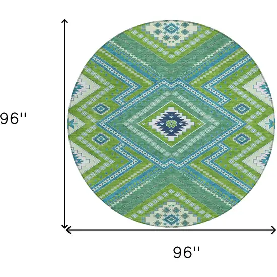 8' Lime Green Aqua And Ivory Round Tribal Washable Indoor Outdoor Area Rug Photo 3