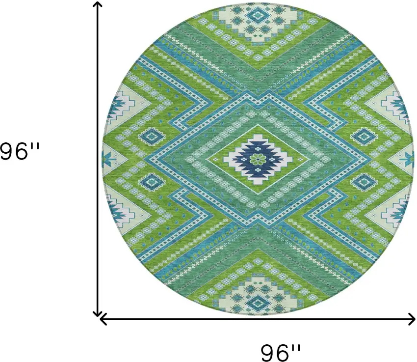 8' Lime Green Aqua And Ivory Round Tribal Washable Indoor Outdoor Area Rug Photo 3