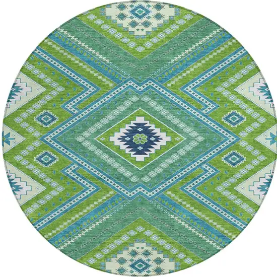 8' Lime Green Aqua And Ivory Round Tribal Washable Indoor Outdoor Area Rug Photo 6