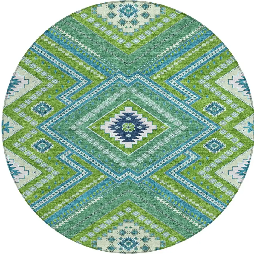 8' Lime Green Aqua And Ivory Round Tribal Washable Indoor Outdoor Area Rug Photo 6