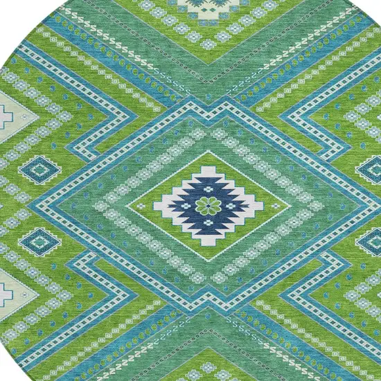 8' Lime Green Aqua And Ivory Round Tribal Washable Indoor Outdoor Area Rug Photo 4