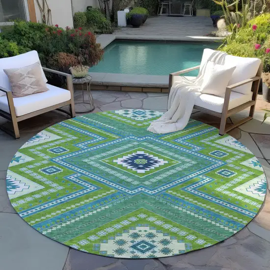 8' Lime Green Aqua And Ivory Round Tribal Washable Indoor Outdoor Area Rug Photo 7