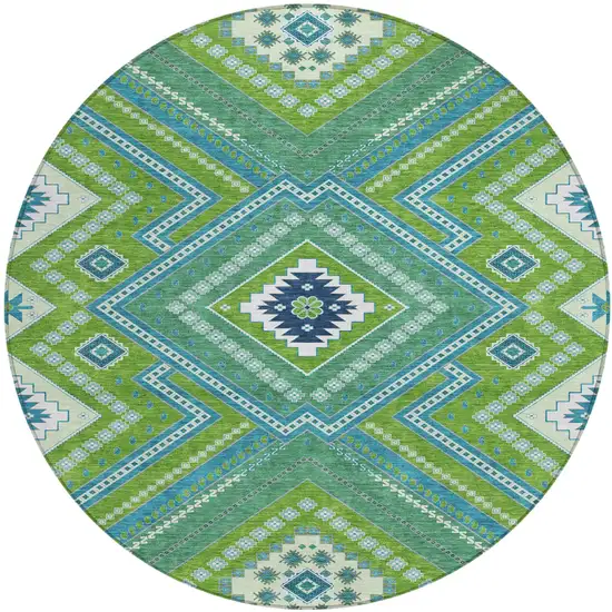 8' Lime Green Aqua And Ivory Round Tribal Washable Indoor Outdoor Area Rug Photo 2