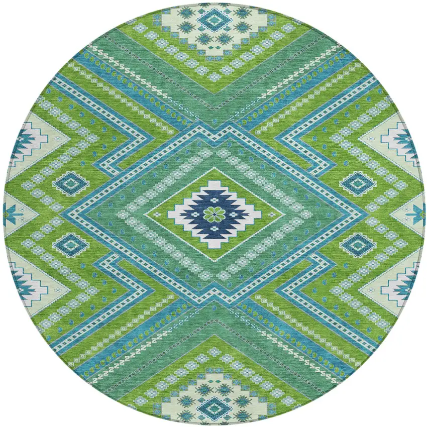 8' Lime Green Aqua And Ivory Round Tribal Washable Indoor Outdoor Area Rug Photo 2