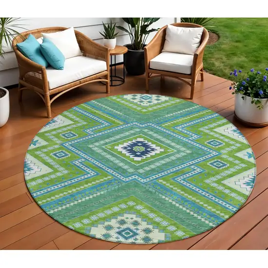 8' Lime Green Aqua And Ivory Round Tribal Washable Indoor Outdoor Area Rug Photo 1