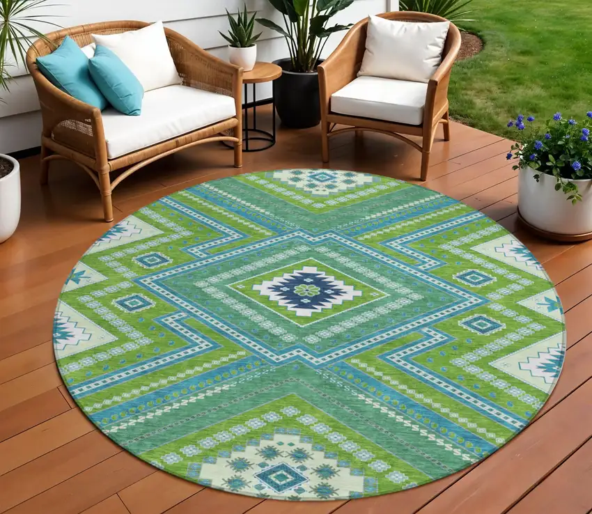 8' Lime Green Aqua And Ivory Round Tribal Washable Indoor Outdoor Area Rug Photo 1