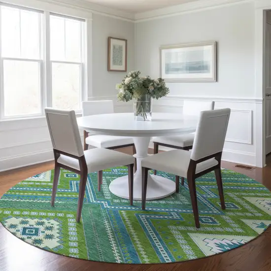 8' Lime Green Aqua And Ivory Round Tribal Washable Indoor Outdoor Area Rug Photo 8