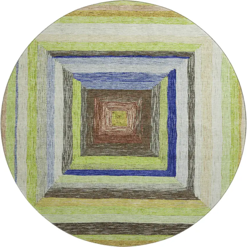 8' Lime Green Blue And Brown Geometric Washable Round Rug With UV Protection Photo 1