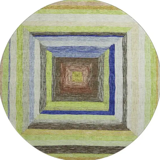 8' Lime Green Blue And Brown Geometric Washable Round Rug With UV Protection Photo 3