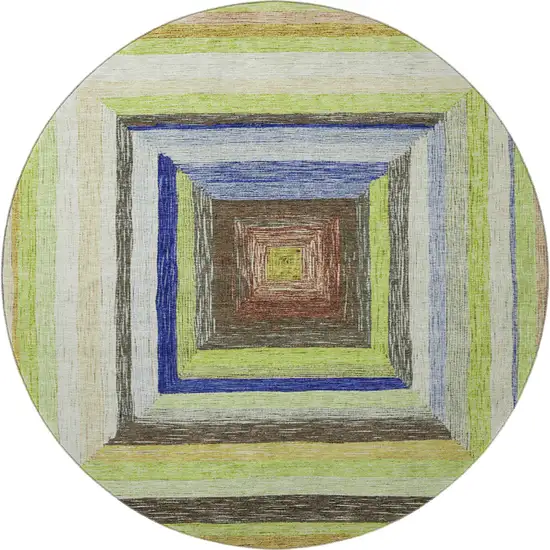 8' Lime Green Blue And Brown Geometric Washable Round Rug With UV Protection Photo 4