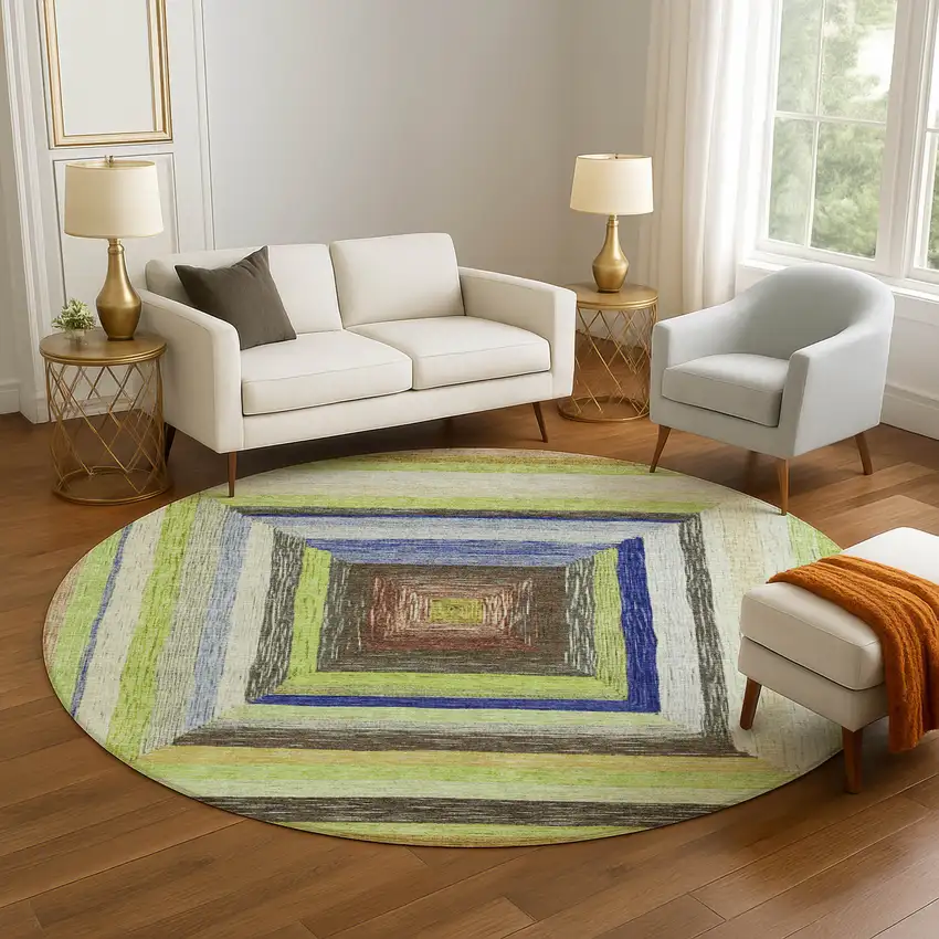 8' Lime Green Blue And Brown Geometric Washable Round Rug With UV Protection Photo 5