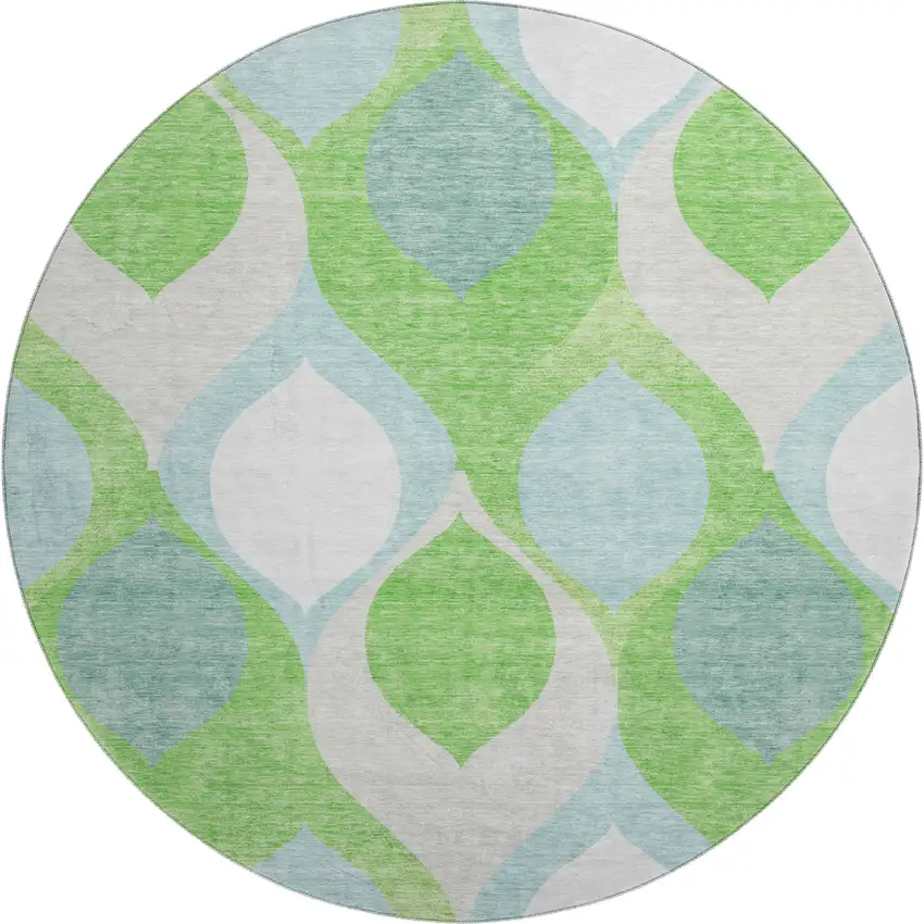 8' Lime Green Blue And Ivory Ogee Washable Round Rug With UV Protection Photo 1