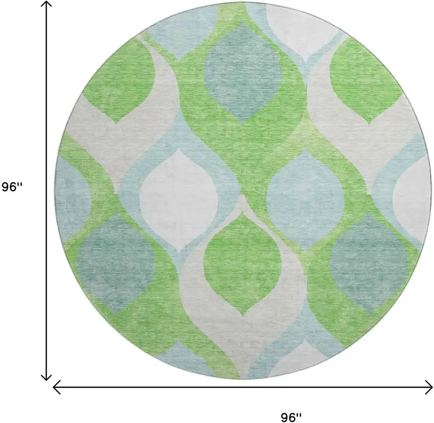8' Lime Green Blue And Ivory Ogee Washable Round Rug With UV Protection Photo 3