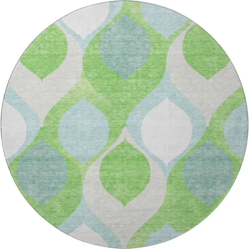 8' Lime Green Blue And Ivory Ogee Washable Round Rug With UV Protection Photo 4