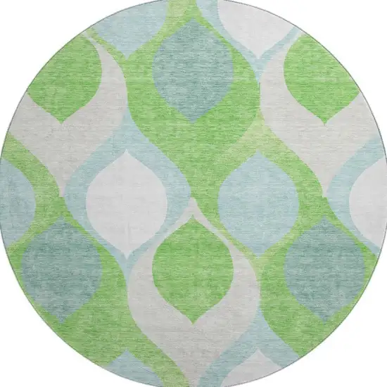 8' Lime Green Blue And Ivory Ogee Washable Round Rug With UV Protection Photo 3