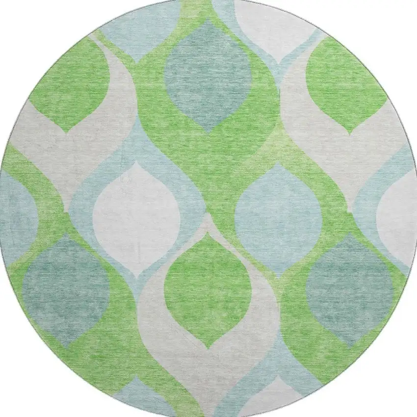 8' Lime Green Blue And Ivory Ogee Washable Round Rug With UV Protection Photo 3