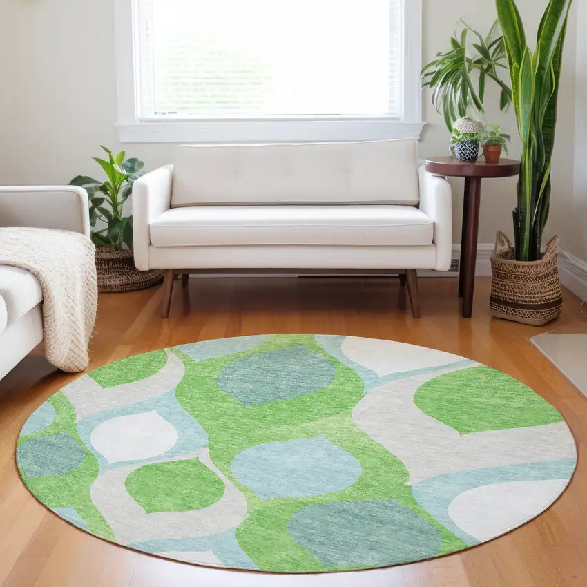 8' Lime Green Blue And Ivory Ogee Washable Round Rug With UV Protection Photo 5