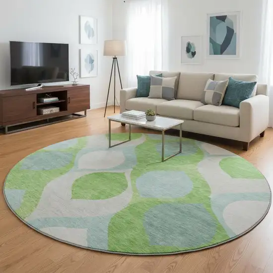 8' Lime Green Blue And Ivory Ogee Washable Round Rug With UV Protection Photo 2