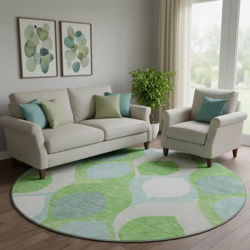 8' Lime Green Blue And Ivory Ogee Washable Round Rug With UV Protection Photo 1