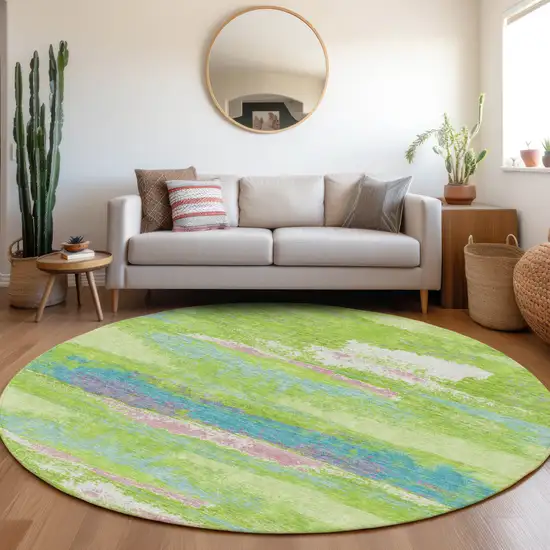 8' Lime Green Blue And Pink Abstract Washable Round Rug With UV Protection Photo 4