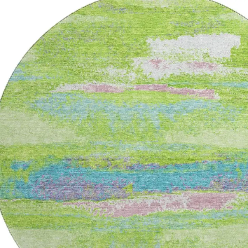 8' Lime Green Blue And Pink Abstract Washable Round Rug With UV Protection Photo 2