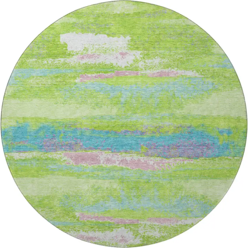 8' Lime Green Blue And Pink Abstract Washable Round Rug With UV Protection Photo 3