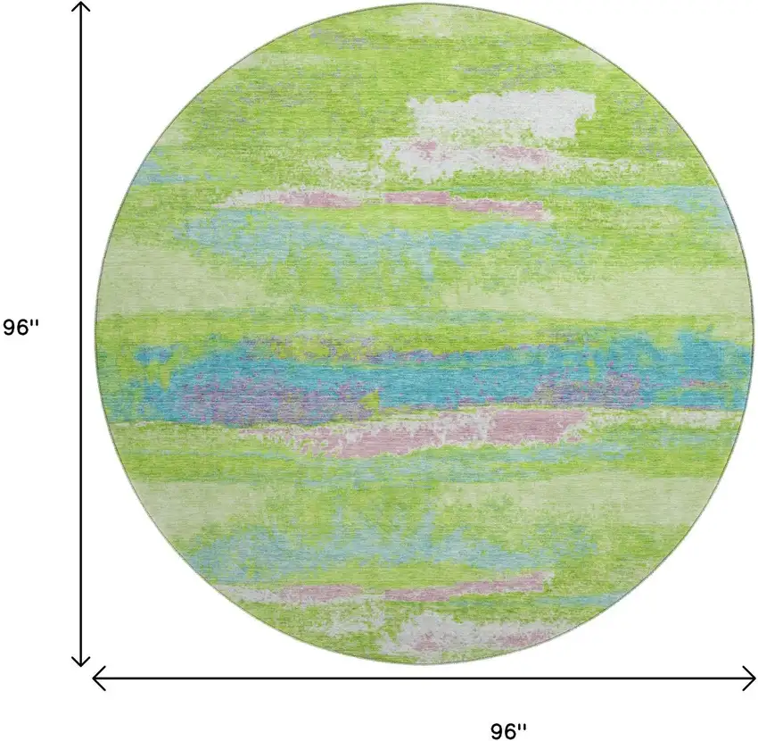 8' Lime Green Blue And Pink Abstract Washable Round Rug With UV Protection Photo 9