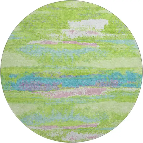 8' Lime Green Blue And Pink Abstract Washable Round Rug With UV Protection Photo 1